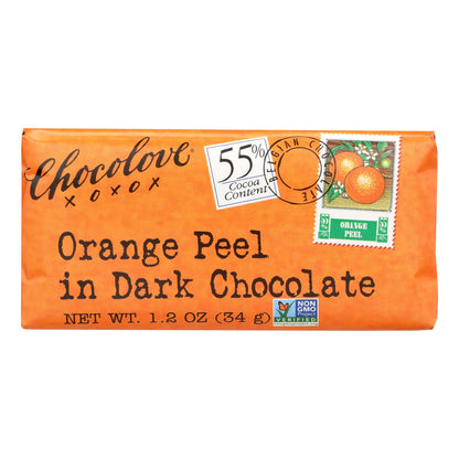 Chocolove Xoxox - Premium Chocolate Bar - Dark Chocolate - Orange Peel - Mini - 1.2 Oz Bars - Case Of 12