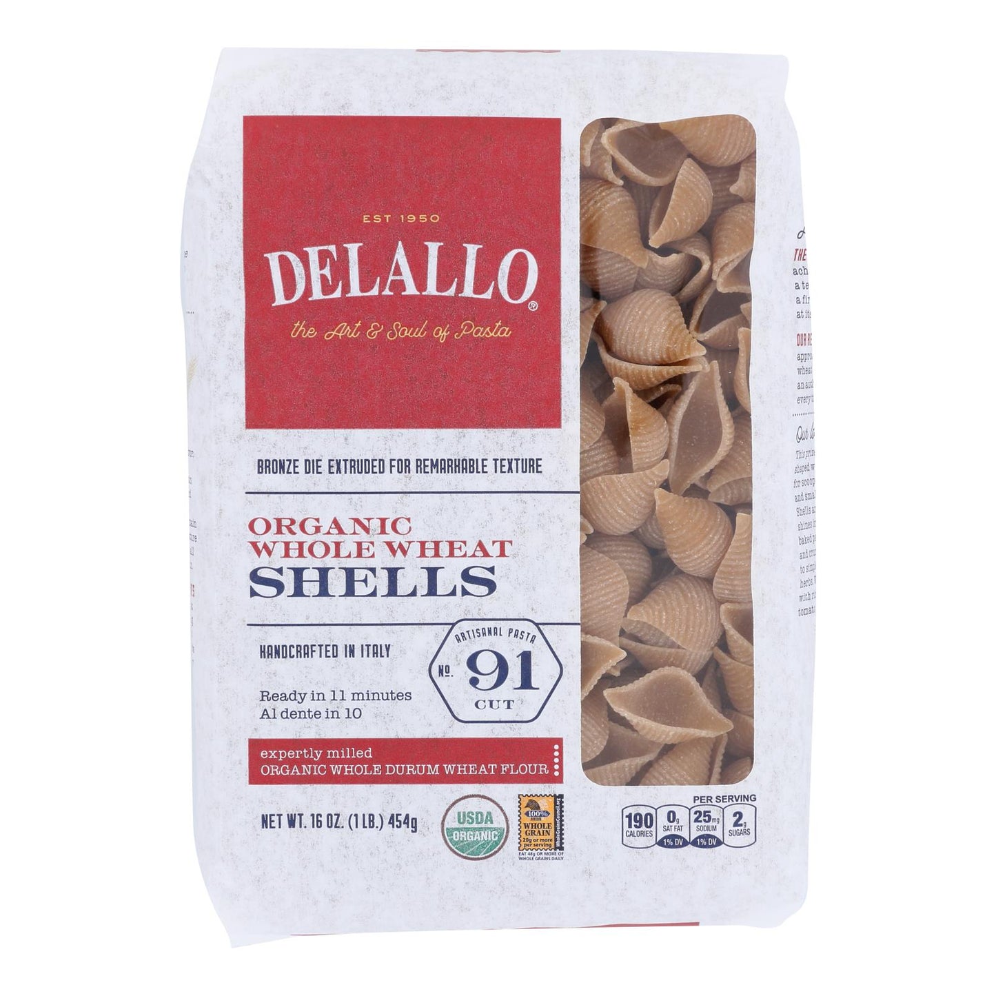 Delallo - Organic Whole Wheat Pasta Shells - Case Of 16 - 1 Lb.