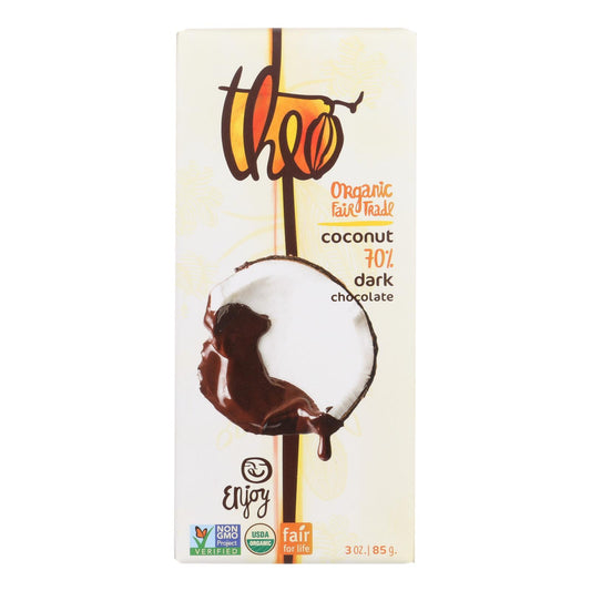 Theo Chocolate Organic Chocolate Bar - Classic - Dark Chocolate - 70 Percent Cacao - Coconut - 3 Oz Bars - Case Of 12