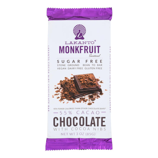 Lakanto - Monkfruit Sweetened Chocolate Bar - Dark Chocolate With Cacao Nibs - Case Of 8 - 3 Oz.