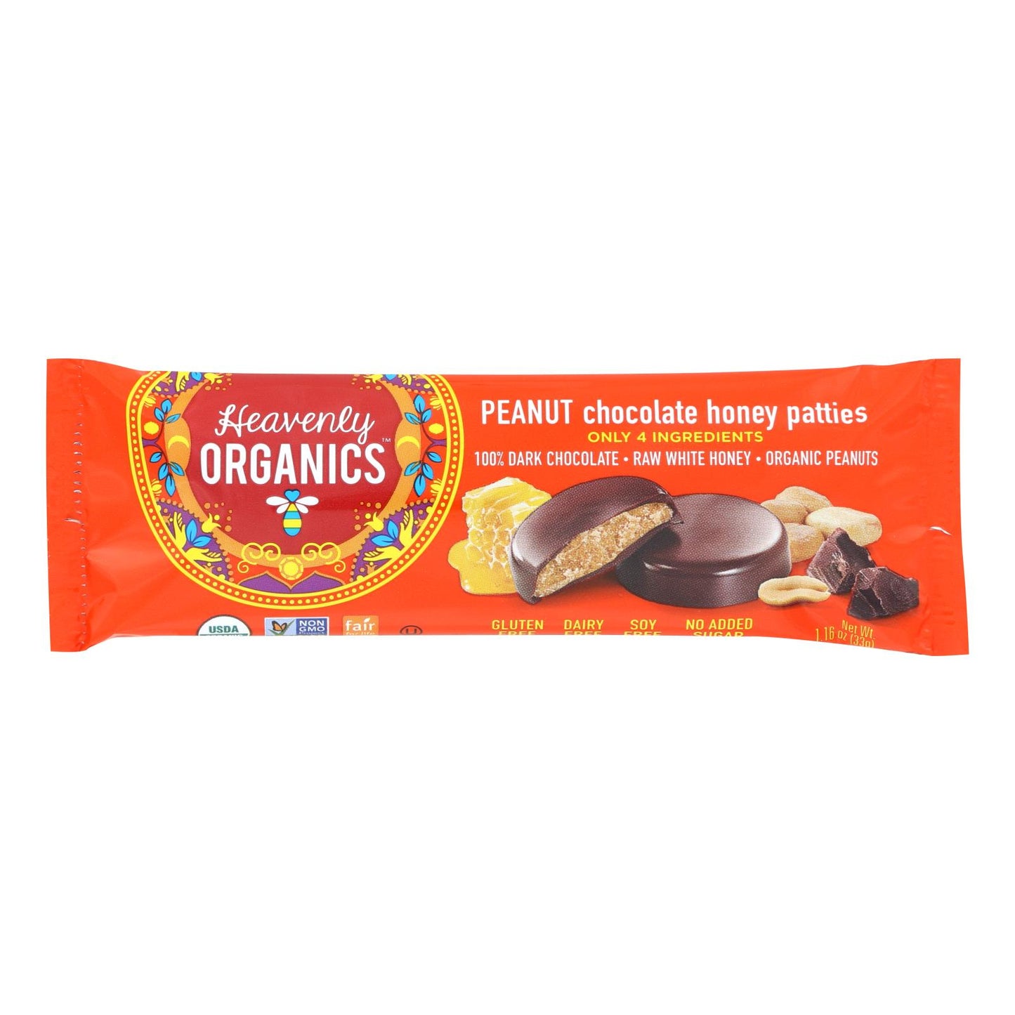Heavenly Organics Candy Chocolate Honey Patties, Peanuts  - Case Of 16 - 1.16 Oz
